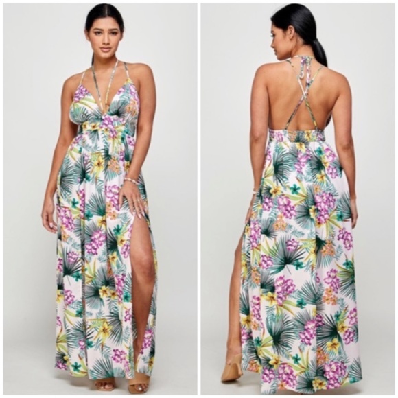 Purple Tropical Floral Palm Vacation Cruise Summer Sexy Slit Maxi Halter Dress - Picture 1 of 5